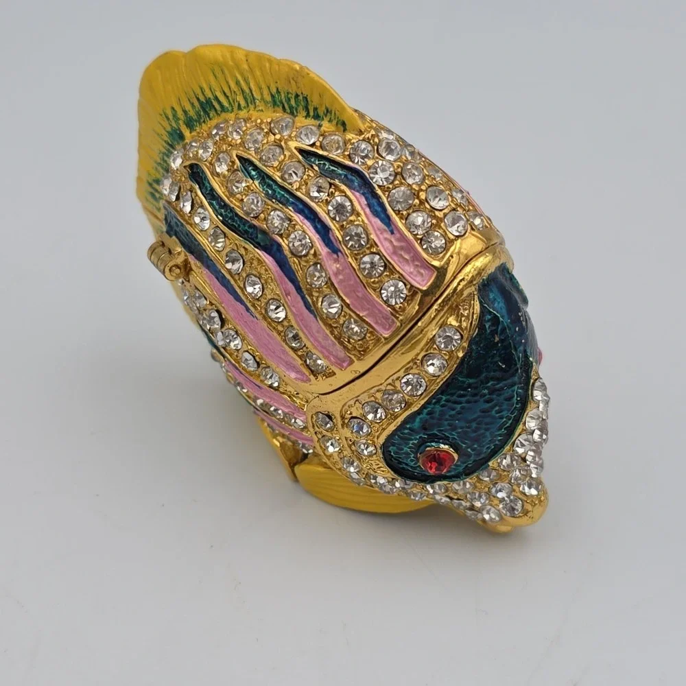 Vintage Colorful Puffer Fish Trinket Box Metal Enamel White Stone